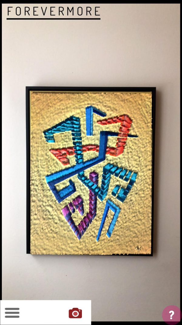 Augmented Reality Sculpture Over Quoize Art Work Acrylic on Canvas Colourful composition over mustard background