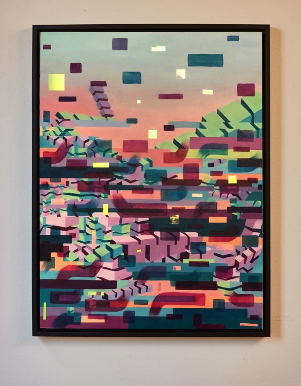 Glitched abstract squares oil on canvas ART work with Augmented Reality sculptures embedded activated by Artmented app.