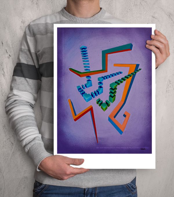 Centred geometric Glitched abstract squares in colourful composition in a fade purple background ART work A3 size printed with Augmented Reality sculptures embedded activated by Artmented app.