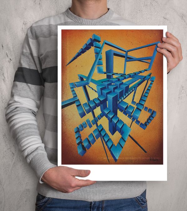 Centred geometric Glitched abstract squares in cyan hues composition in a fade orange background ART work A3 size printed with Augmented Reality sculptures embedded activated by Artmented app.