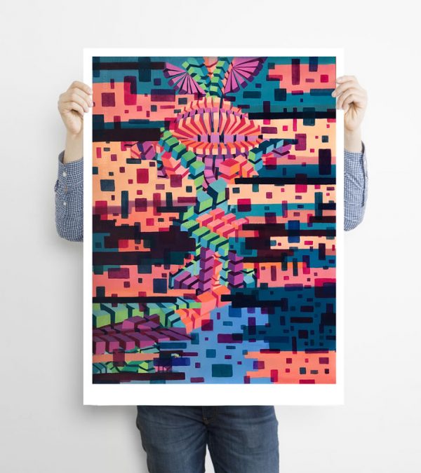 Glitched abstract squares ART work A1 printed with Augmented Reality sculptures embedded activated by Artmented app.