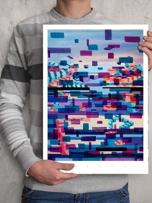 Glitched abstract squares ART work A3 printed with Augmented Reality sculptures embedded activated by Artmented app.