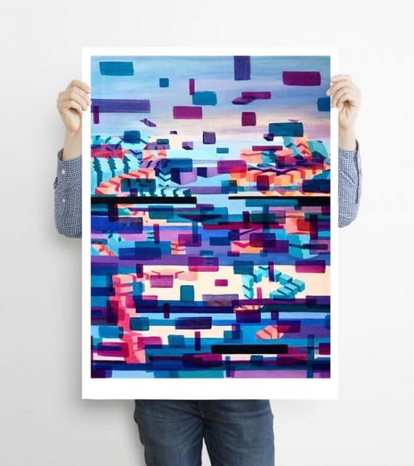 Glitched abstract squares ART work A1 printed with Augmented Reality sculptures embedded activated by Artmented app.