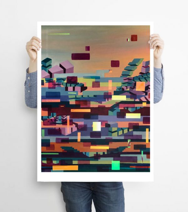 Glitched abstract squares ART work A1 size printed with Augmented Reality sculptures embedded activated by Artmented app.