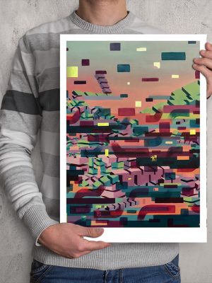 Glitched abstract squares ART work A3 size printed with Augmented Reality sculptures embedded activated by Artmented app.