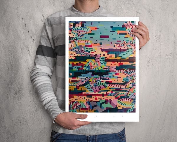 Glitched abstract squares ART work A3 printed with Augmented Reality sculptures embedded activated by Artmented app.