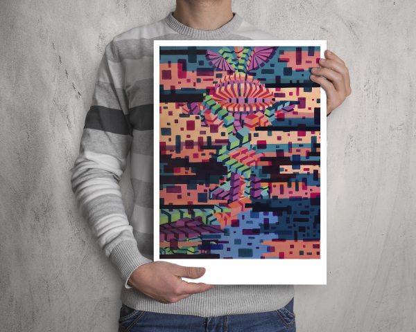 Glitched abstract squares ART work A3 size printed with Augmented Reality sculptures embedded activated by Artmented app.